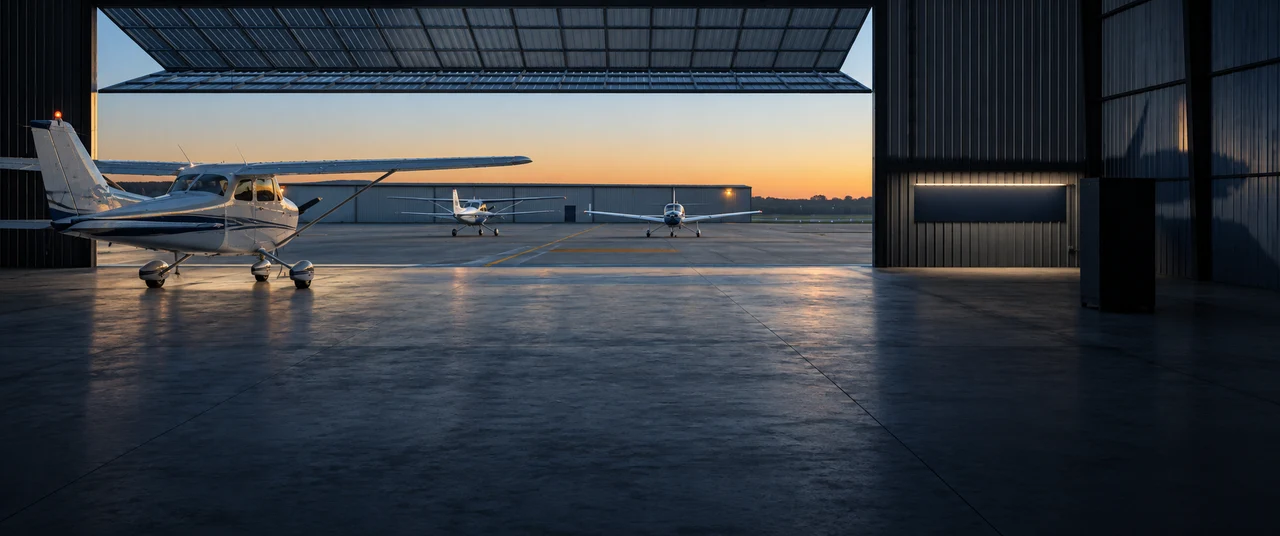 Light aircraft in a steel hangar opening onto the apron at dawn.