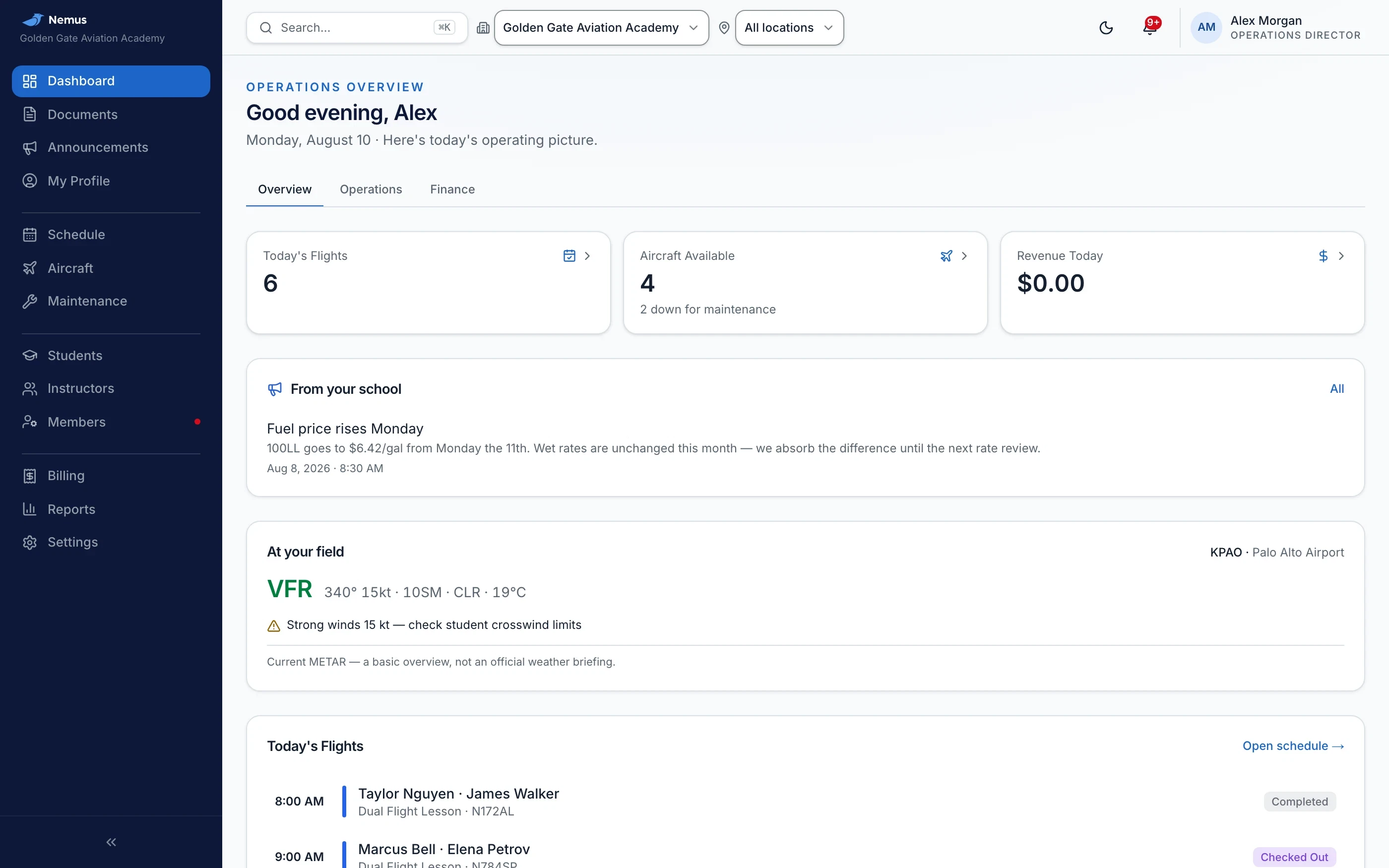 Nemus dashboard — today's operating picture